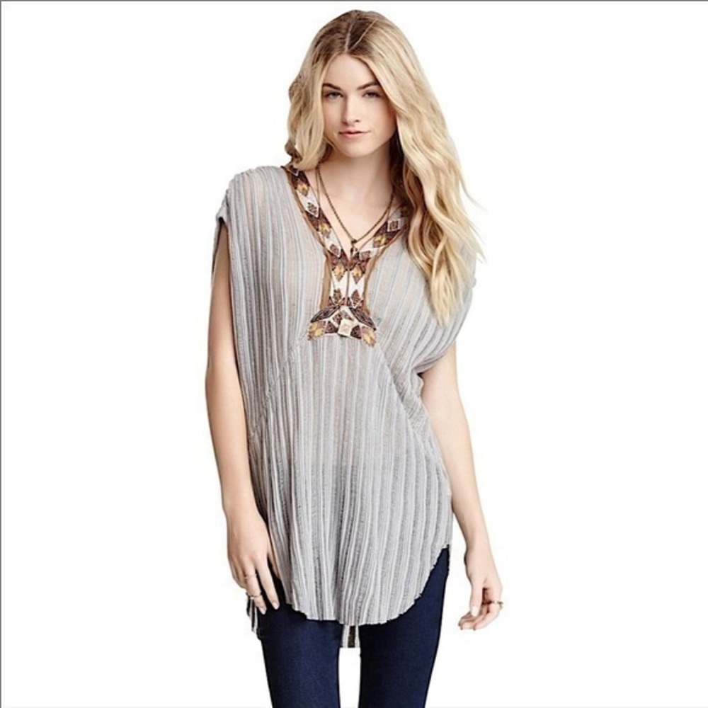 Free People Herringbone Gauze Beaded Tribal Tunic Top